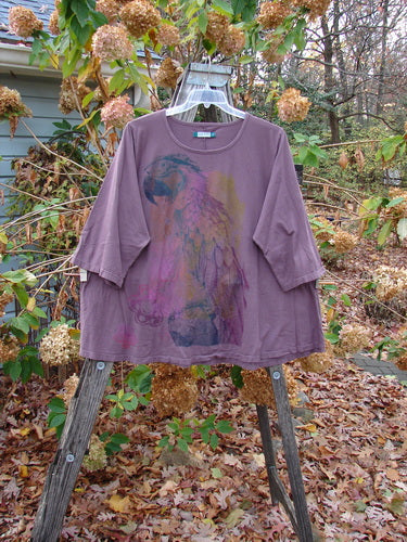 Barclay Three Quarter Sleeved Cafe Top Parrot Burgundy Size 2 displayed on a swinger, featuring a bird motif, embodying vintage style from Bluefishfinder.com.