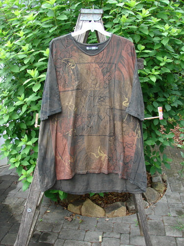 Barclay Tournesol Tunic Daisy Crane Metallic Bark OSFA displayed on a rack, featuring drop shoulders, loose three-quarter sleeves, and a varying hemline, embodying Bluefishfinder.com's vintage creative expression.