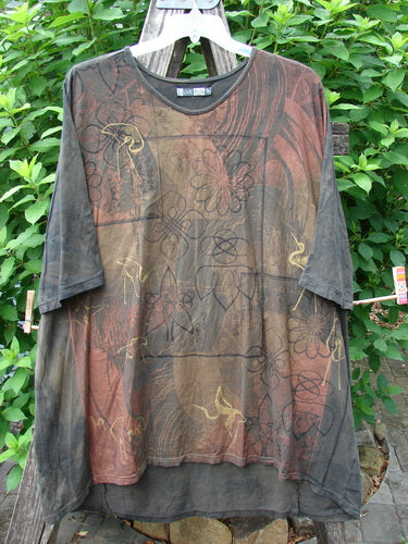 Barclay Tournesol Tunic Daisy Crane Metallic Bark OSFA, displayed on a hanger, features a loose fit, drop shoulders, three-quarter sleeves, and a rounded neckline, embodying BlueFishFinder's vintage, expressive style.