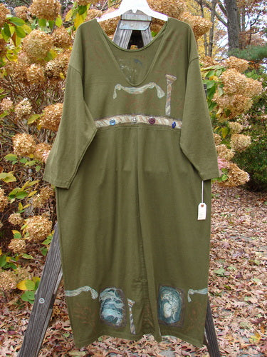 1993 NWT Button Maker's Dress: Olive cotton dress with vintage buttons, Roman Goddess theme, V-neck, wider shoulder length, draw cords, tapered bodice and hemline. Bust 62, Waist 60, Hips 60, Length 54.
