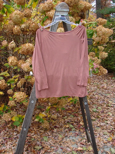 Barclay NWT Batiste Decora Ragtime Raglan Heirloom Size 2 ai: Long-sleeved shirt on clothes rack, featuring a deep V-shaped neckline, adjustable drawcord accent, and gentle pleats on shoulder diagonals.