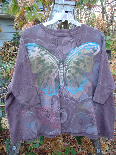 Barclay Hemp Cotton Banded Sleeve Dolman Top, featuring a butterfly design, in a vintage style that embodies Blue Fish Clothing's unique artistic expression. Perfect for showcasing individuality and creative freedom.