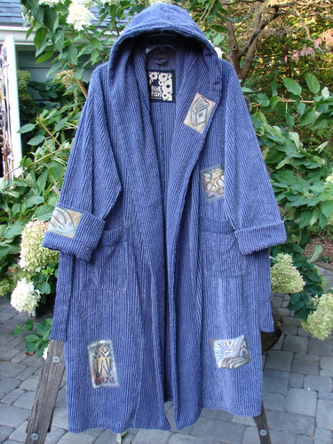 1995 Patched Hooded Chenille Spa Robe Study Mediterranean Size 3 with double-layered hood, cuffed lower sleeves with patches, sash loops, oversized front pockets, and sectional bodice, made from vintage cotton chenille.