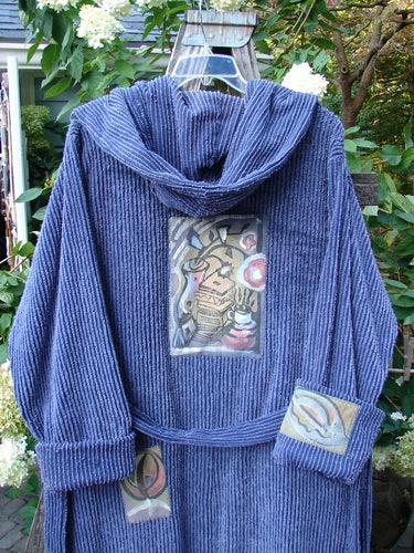 1995 Patched Hooded Chenille Spa Robe Study Mediterranean Size 3, featuring a double-layered hood, cuffed sleeves, oversized front pockets, and unique painted patches, made from soft vintage cotton chenille.