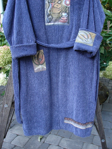 1995 Patched Hooded Chenille Spa Robe Study Mediterranean Size 3, featuring a blue robe with artistic patches, double-layered hood, cuffed sleeves, oversized front pockets, and sash loops, from Bluefishfinder.com.