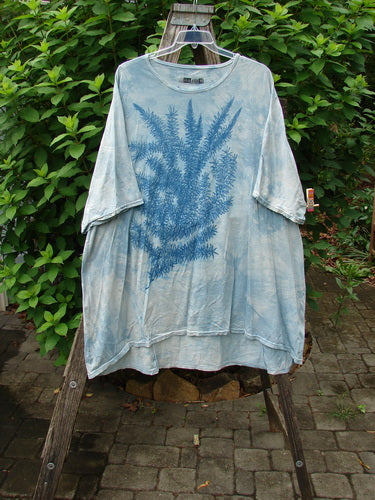 Barclay Art Tee Rosemary Sprig Mottled Day Sky OSFA featuring a tunic length, drop shoulders, and loose three-quarter sleeves, with a unique rosemary sprig design on the front.