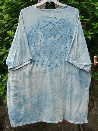 Barclay Art Tee Rosemary Sprig Mottled Day Sky OSFA, featuring a unique rosemary sprig pattern, showcases loose three-quarter sleeves, drop shoulders, and a varying hemline, embodying Bluefishfinder's vintage creative freedom ethos.