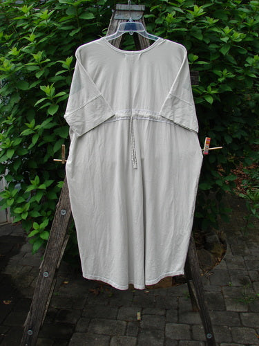 Barclay Long Tee Tie Back Dress Botanical Garden Rain Cream OSFA displayed on a clothes rack, showcasing its seamless front, rounded neckline, dolman sleeves, and drawcord back, emphasizing its creative and vintage style.
