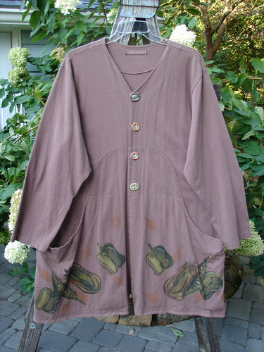 1998 Harvest Jacket Veggie Garden Eggplant Size 2 features a long purple shirt with a veggie vine pattern, oversized front pockets, artisan buttons, and a distinctive A-line shape.