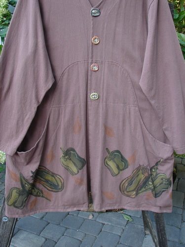 1998 Harvest Jacket Veggie Garden Eggplant Size 2 features a unique pepper pattern, oversized pockets with veggie vine paint, artisan porcelain buttons, and a V neckline.