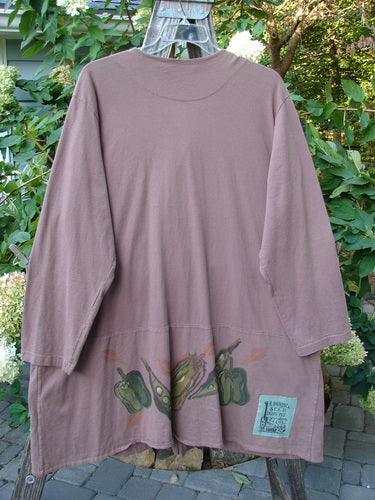 1998 Harvest Jacket Veggie Garden Eggplant Size 2, featuring long sleeves, oversized pockets with veggie vine paint, artisan porcelain buttons, a V-neckline, and an A-line shape.