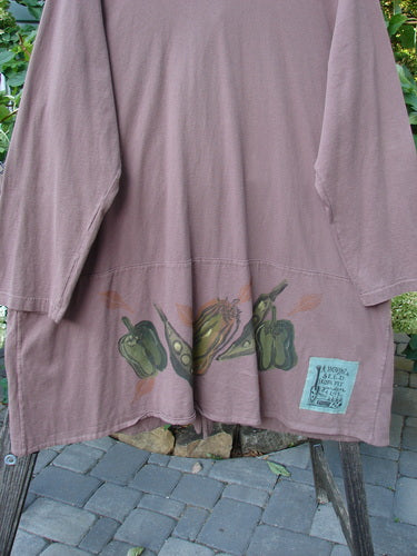 1998 Harvest Jacket Veggie Garden Eggplant Size 2 features long sleeves, painted peppers, two oversized front pockets, artisan buttons, a deeper V-neckline, and an A-line shape with a double-paneled lower section.