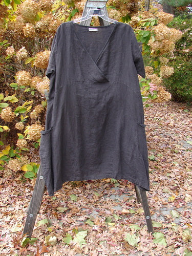 Black Linen Urchin Dress with Side Pockets, V Neckline, and Empire Waist Seam, Size 2