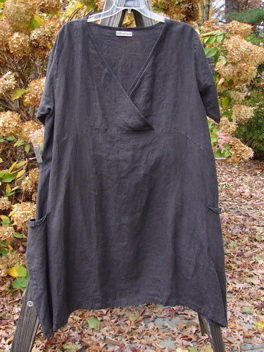 Black dress on clothes rack, Barclay Linen Cross Over Side Pocket Urchin Dress, Size 2.