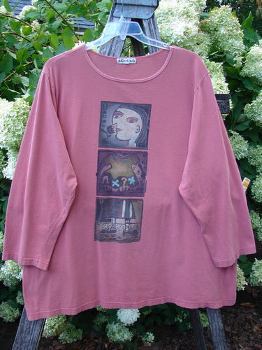 Barclay Long Sleeved Tee Studio Tee Triple Modernist Apricot Size 3, a dusty apricot long-sleeve tee with a relaxed crew neck and dropped shoulders. Three stacked modernist graphic panels run down the chest, printed on soft matte fabric.