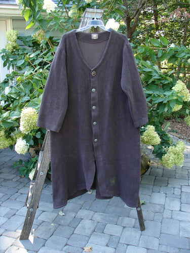 2000 Celtic Moss Hobo Coat Unpainted Brum Size 2 displayed on a hanger, featuring a long black shirt-like design with five metal buttons, a deep V neckline, and belled sleeves.