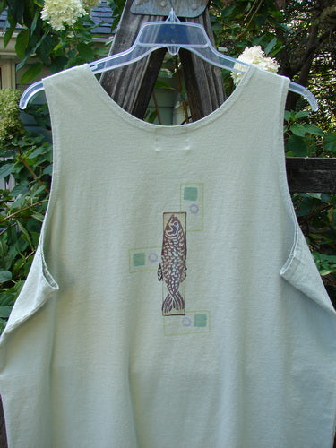 2000 Summer Tank Top Fish Dune Grass Size 2 with fun fish theme paint, deeper arm openings, and a straighter, longer shape made from mid-weight organic cotton.