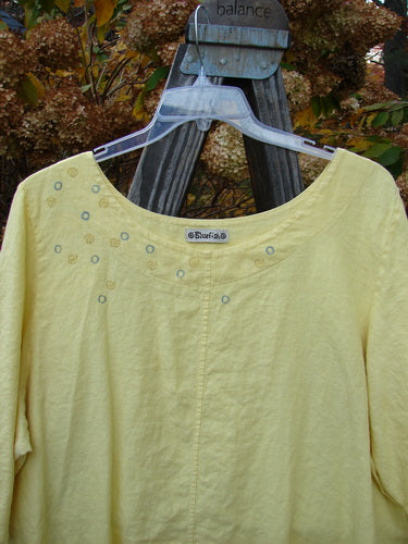 Barclay Linen Vertical Seam Lace Bottom Dress Swirl Sunshine Size 2 on hanger outdoors.