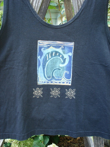 1997 Elements Crop Tank Wave Curl Ebony Size 2, featuring a scooped neckline, deeper arm openings, and a signature fish patch with curl wave paint design, ideal for summer wear.