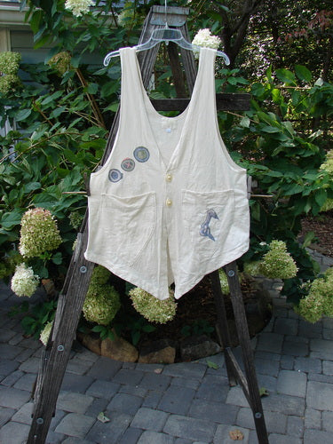 2001 Katy Vest Chain Rain Natural Size 1 displayed on a wooden ladder, showcasing its unique A-line shape, triangular pockets, and blue button closures, representing vintage Blue Fish Clothing's creative and individualistic style.