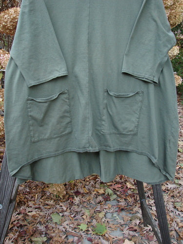 Barclay Hi Low Pocket Tunic Top, olive, size 2, made of organic cotton. Features a rounded neckline, varying hemline, A-line shape, and double front pockets. Three-quarter length sleeves.