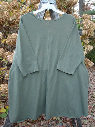 Barclay Hi Low Pocket Tunic Top, olive green, long sleeves, double front pockets, A-line shape, organic cotton. Size 2 ai.