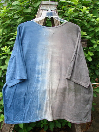 Barclay Wide Line Tee Wind Fish Mottled Navy Gray OSFA displayed on a wooden stand, showcasing its seamless wide, boxy shape and drop shoulders, reflecting Bluefishfinder.com's vintage-inspired creativity.