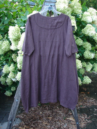 Barclay NWT Linen Cross Over Incense Dress Structural Diamond Floral Fig Size 0 in deep plum linen, hanging on a clear hanger. The loose, softly draped silhouette has short sleeves, a rounded neckline, and a textured matte finish, set against white hydrangeas and green foliage.