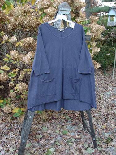 Barclay NWT Hi Low Pocket Tunic Top on clothes rack, with leaves and wood in background. Size 2 ai.