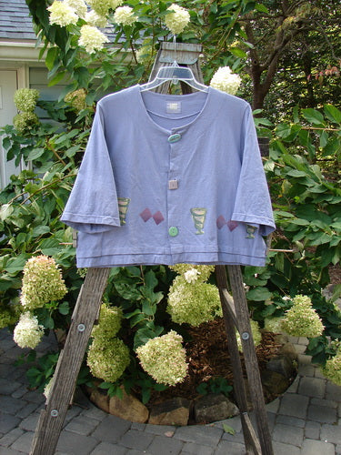 1999 Tuck Top Diamond Life Iris Size 2 displayed on a wooden ladder, showcasing its box shape, three pastel buttons, double folded hemline, and signature Blue Fish patch.