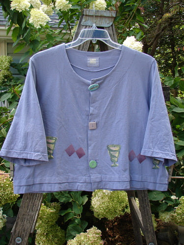 1999 Tuck Top Diamond Life Iris Size 2 featuring wine glass print, crop box shape, pastel glazed buttons, and signature Blue Fish patch, made from double-layered organic cotton. Perfect condition.