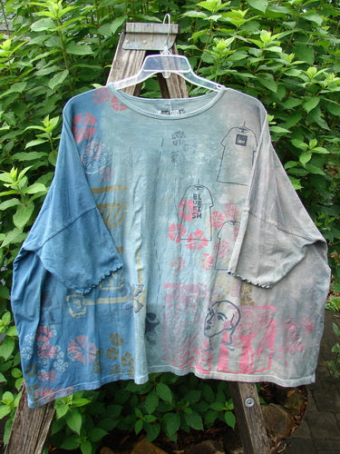 Barclay Dolman Curl Edge Square Pullover in Mottled Blue Day, featuring a seamless, boxy design with curly arm edges, displayed on a hanger, reflecting BlueFishFinder's vintage clothing ethos.