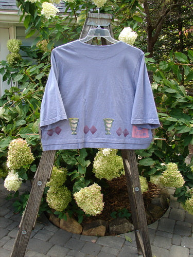 1999 Tuck Top Diamond Life Iris Size 2 featuring a crop box shape with pastel glazed porcelain buttons, double folded hemline, and Blue Fish patch, displayed on a wooden ladder.