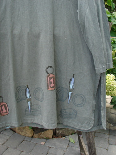 2001 Market Top Junk Drawer Inkpod Size 2 featuring a grey shirt with artistic drawings, super tall double-folded vented sides, drop shoulders, and a signature 2001 Spring Stamp on the back.