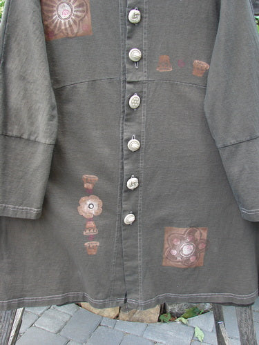 1997 Sample Spring Day Jacket Flower Pot Briquette Size 1, featuring matched knotted buttons, paneled lower sleeves, two side pockets, and a sweeping swing skirt.