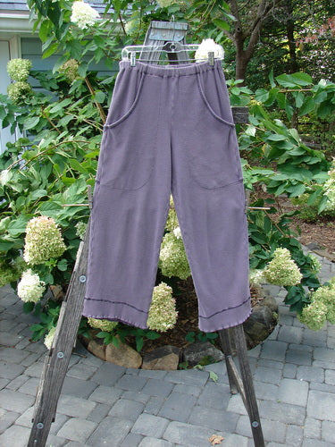 2000 Thermal Pathway Pant Unpainted Eggplant Size 1 displayed on a clothes rack, featuring a professionally replaced elastic waistband, two front cargo pockets, and double-paneled lower cuffs with lettuce edge contrasting stitchery.