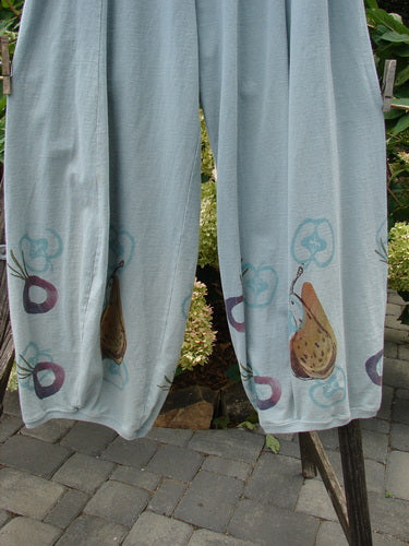 1998 Heavy Radish Pant Bountiful Harvest Birdsong Size 2, featuring fruit designs, full elastic waistline, deeper rise, longer inseam, and bottom elastic accents. Made from heavyweight organic cotton with vertical sectional S-shaped panels.