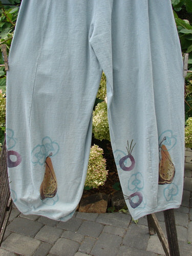 1998 Heavy Radish Pant Bountiful Harvest Birdsong Size 2, featuring fruit-themed design, elastic waist, deep rise, longer inseam, and elastic accents, made from heavyweight organic cotton, shown in perfect condition.