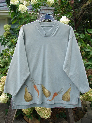 1998 Heavy Crossover V-Neck Bountiful Harvest Birdsong Size 2 featuring a grey shirt adorned with various vegetables, ribbed V-neckline, and an A-line shape.