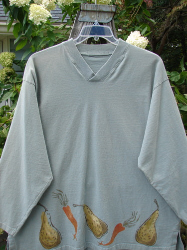 1998 Heavy Crossover V-Neck Bountiful Harvest Birdsong Size 2, showcasing a long-sleeved top with carrot and vegetable prints, V-shaped ribbed neckline, and super shirttail hemline.