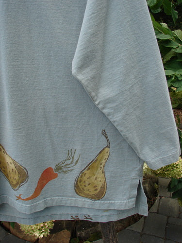 1998 Heavy Crossover V-Neck Bountiful Harvest Birdsong Size 2 top featuring a ribbed V-neckline and vegetable-themed design on organic cotton, with detailed illustrations of a banana, carrot, and other vegetables.