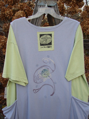 1997 Tunic Dress Curly Garden Dawn Mellon Size 1: A blue and green shirt with a flower design, perfect condition. Longer straight shape, contrasting spring colors, shallow rounded neckline, and curly garden theme paint.