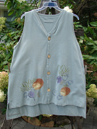 1998 Heavy Basil Vest Bountiful Harvest Birdsong OSFA featuring painted vegetables, a shirttail hemline, ribbed V neck, shell-like buttons, side vents, and signature patch from Bluefishfinder.com.