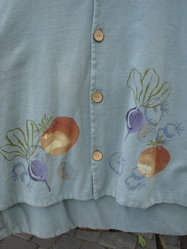 1998 Heavy Basil Vest Bountiful Harvest Birdsong OSFA: Close-up of intricate floral embroidery on a double-layered cotton jersey vest, featuring a shirttail hemline and original shell-like buttons from the Holiday Winter Resort Collection.