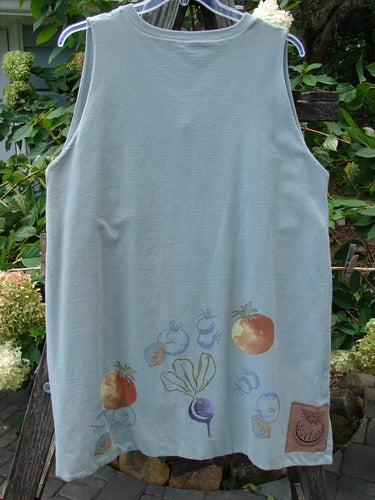 1998 Heavy Basil Vest Bountiful Harvest Birdsong OSFA, featuring a light blue shirt with a vibrant vegetable pattern, deep ribbed V-neck, shell-like buttons, and unique signature patch, perfect for expressing individuality.