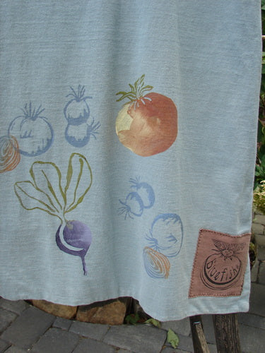 1998 Heavy Basil Vest Bountiful Harvest Birdsong OSFA features a vibrant vegetable print on a white towel-like texture, showcasing intricate embroidery and a unique garden theme, epitomizing vintage Blue Fish creativity.