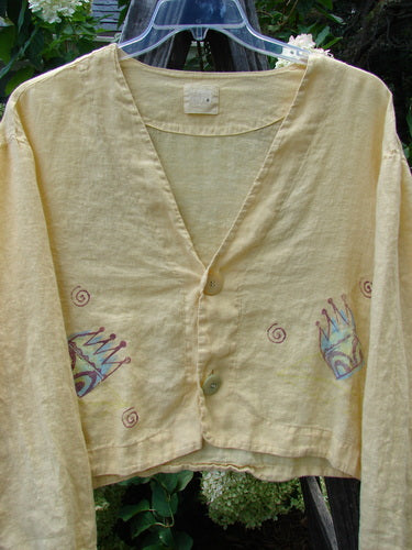 1999 Weathervane Jacket Crown Buttercup Size 2 featuring a crown design, porcelain button, and tulip-themed paint. Bust 56, Waist 60, Hips Hem 70, Front/Back Length 22, Side Length 28 inches.