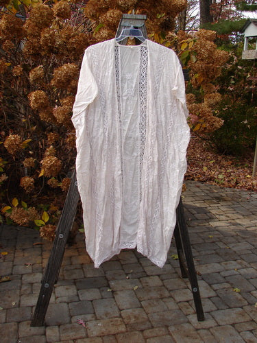 Magnolia Pearl European Cotton Embroidered Lace Duster, antique white dress on a rack.
