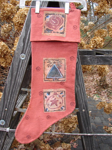 1995 Reprocessed Holiday Sock Duo with Blue Fish Holiday Paint, featuring a red stocking with triangle and star art on a ladder.