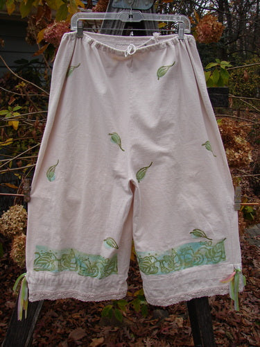 1992 Pantaloon Bloomer Banded Falling Leaf Sea Shell OSFA, featuring green leaf patterns, full drawcord waist, wide swingy lowers, and intricate crochet details, reflecting Bluefishfinder.com's vintage style.